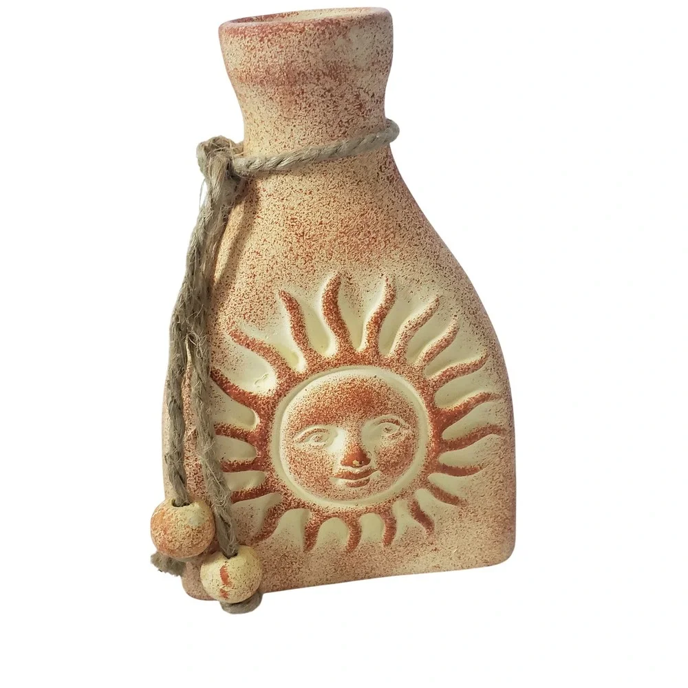 Vintage Terracotta Sun Face Bud Vase Rustic Celestial Boho Decor with Jute Rope